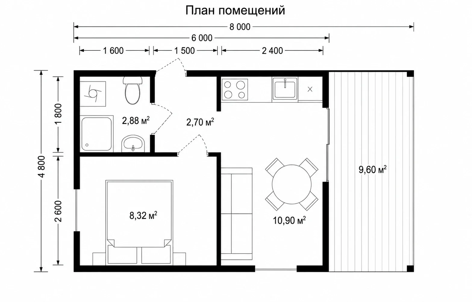 План Эйдаль 35 с площадями комнат и крытой террасой 9,60 м²